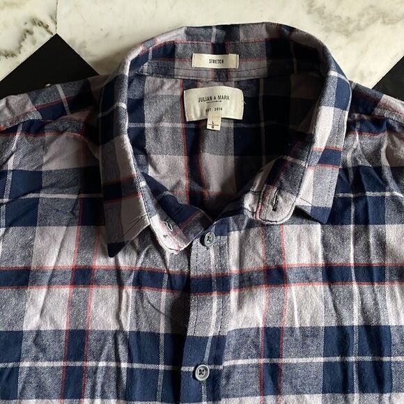 Julian & Mark Navy, Gray & Orange Plaid Flannel Button Down - Picture 3 of 7